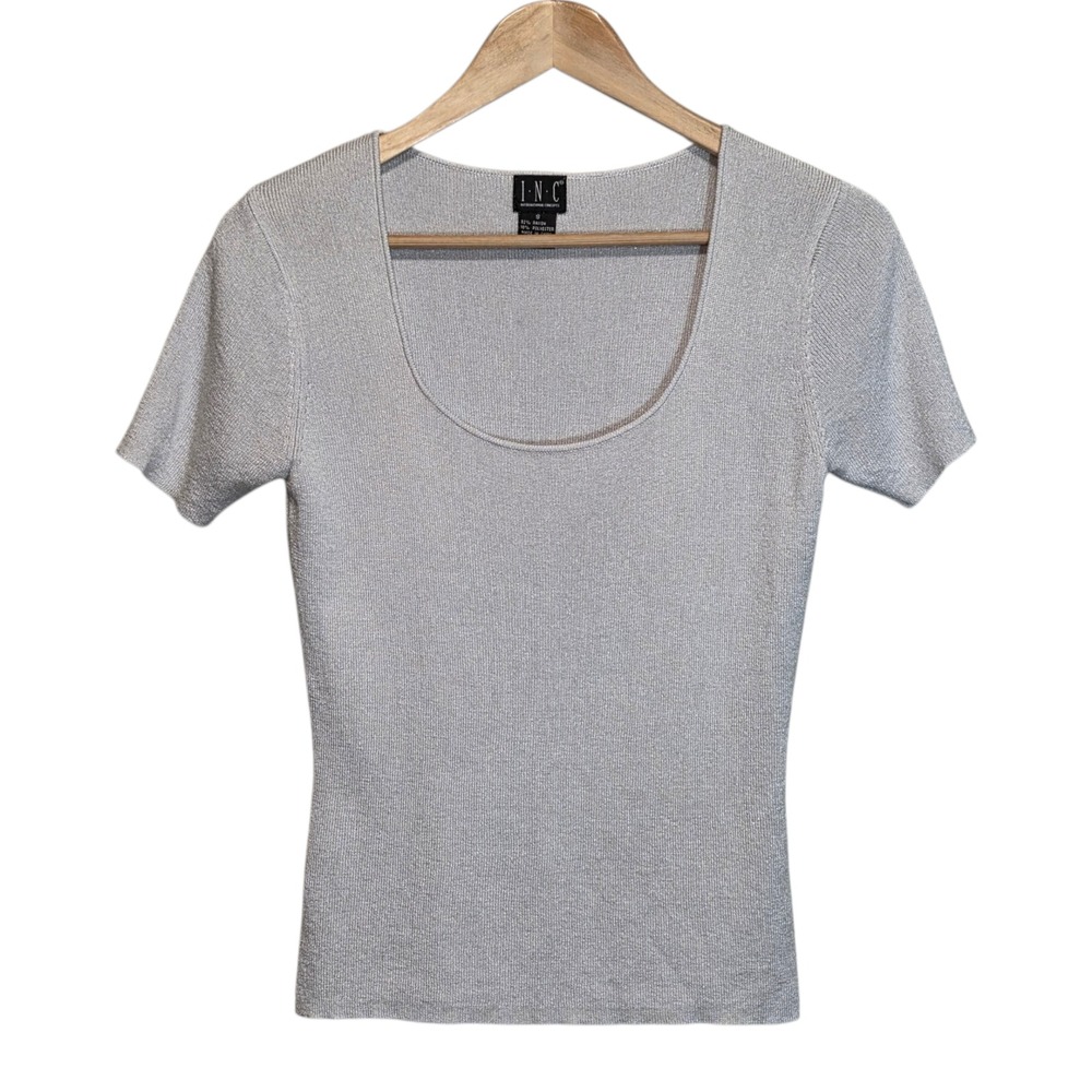 INC Silver Scoop Neck Top Y2K Metallic Knit Retro 2000s Office Womens Small